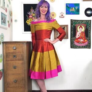 Vintage Strapless Cocktail Dress & Bolero, 1980s Silk Colorblock Guy LaRoche XS